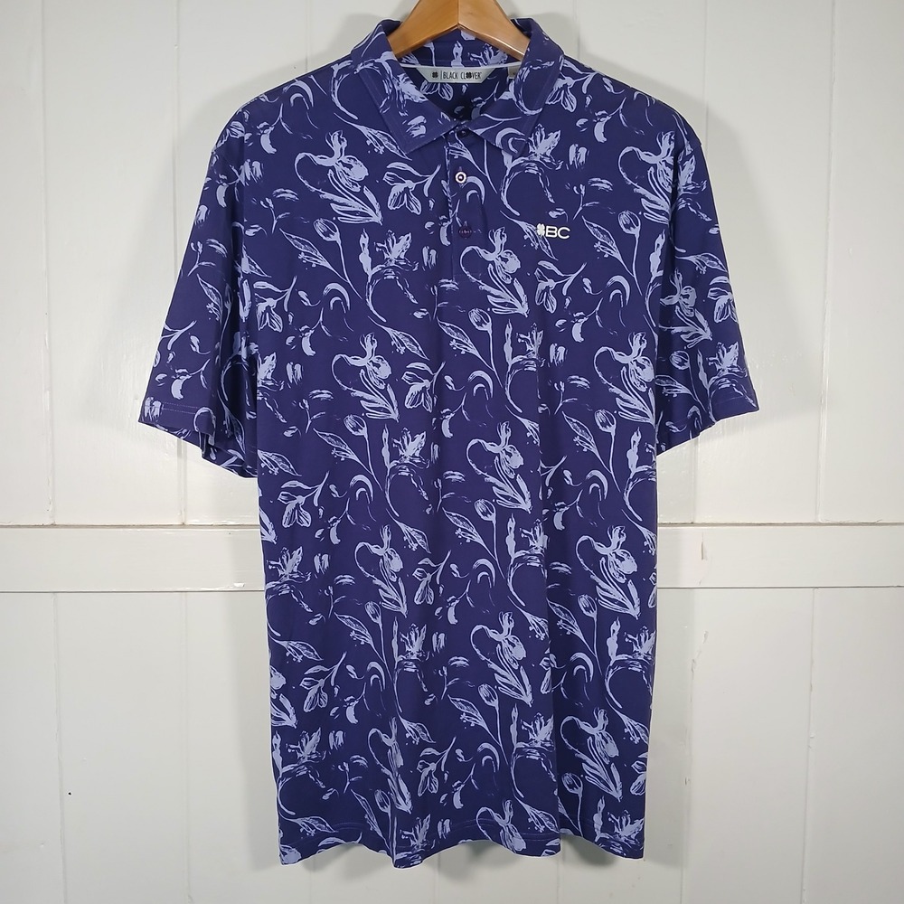 Black Clover Polo Shirt Mens XL Purple Floral Live Lucky Golf Top